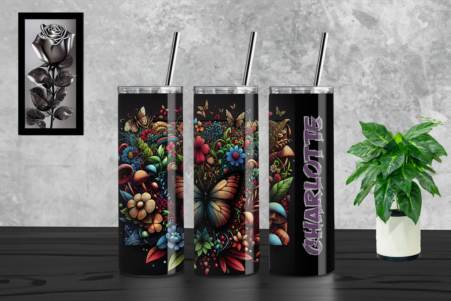 Butterfly Flowers Tattoo Style - With Personalized Option