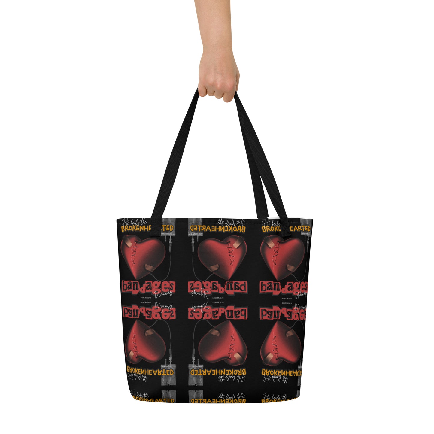 He heals the brokenhearted - bandages wounds Psalm 147:3 All-Over Print Large Tote Bag