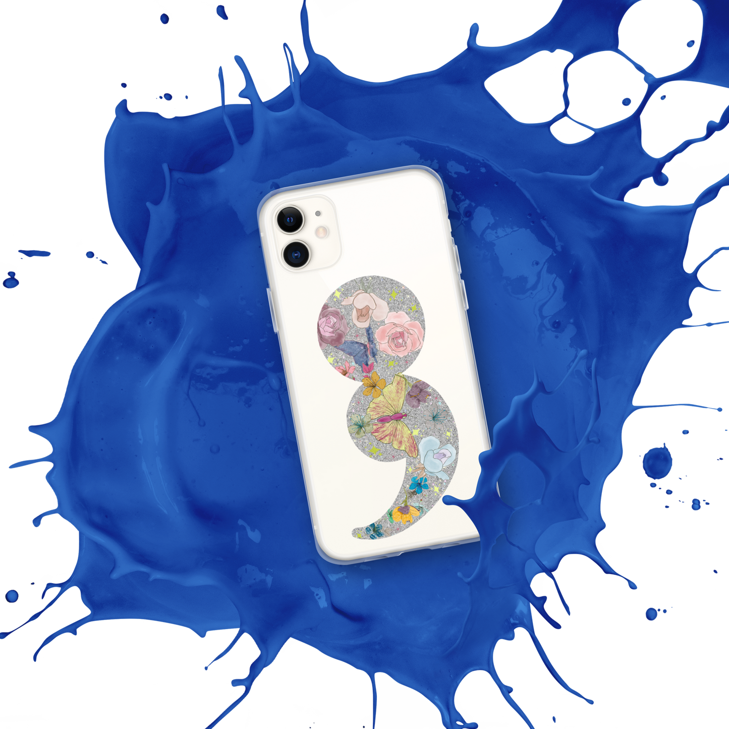Semi-colon Floral Butterfly Glitter Clear Case for iPhone®