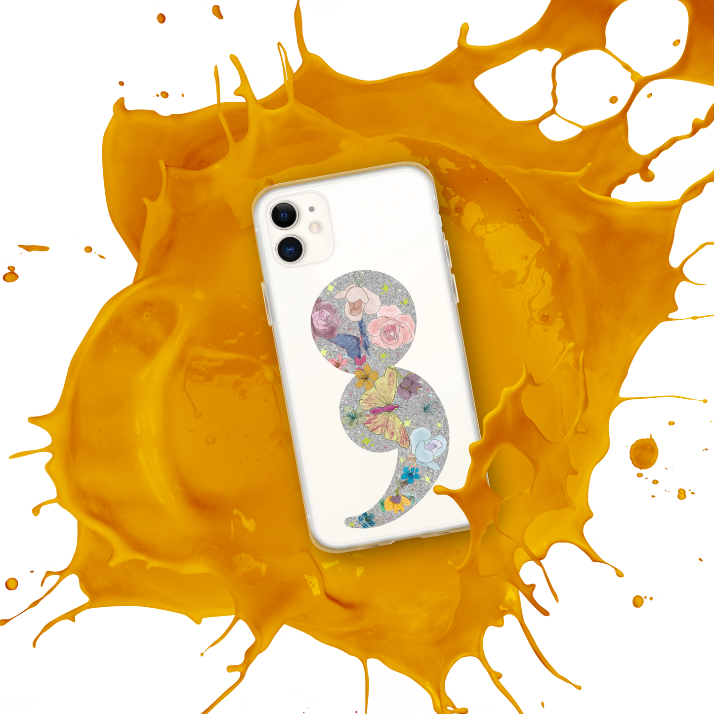 Semi-colon Floral Butterfly Glitter Clear Case for iPhone®