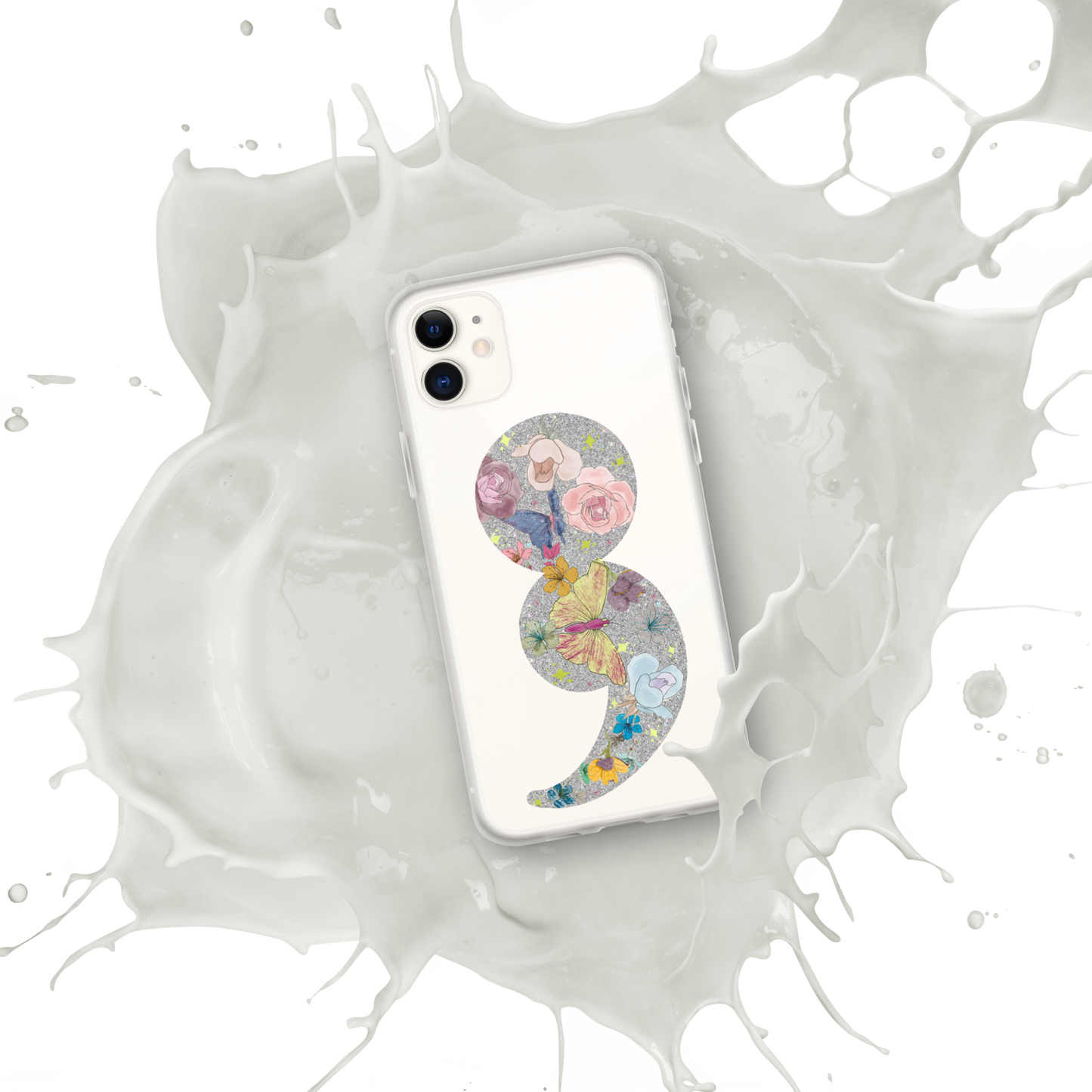 Semi-colon Floral Butterfly Glitter Clear Case for iPhone®
