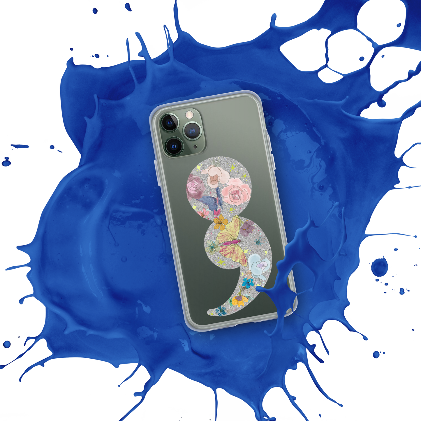 Semi-colon Floral Butterfly Glitter Clear Case for iPhone®