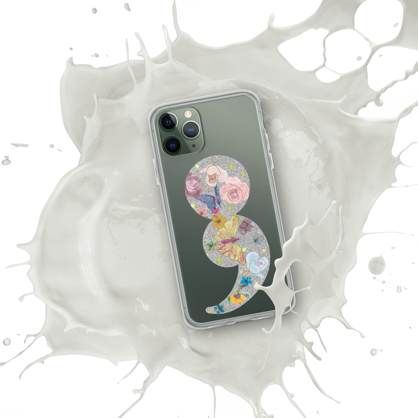 Semi-colon Floral Butterfly Glitter Clear Case for iPhone®