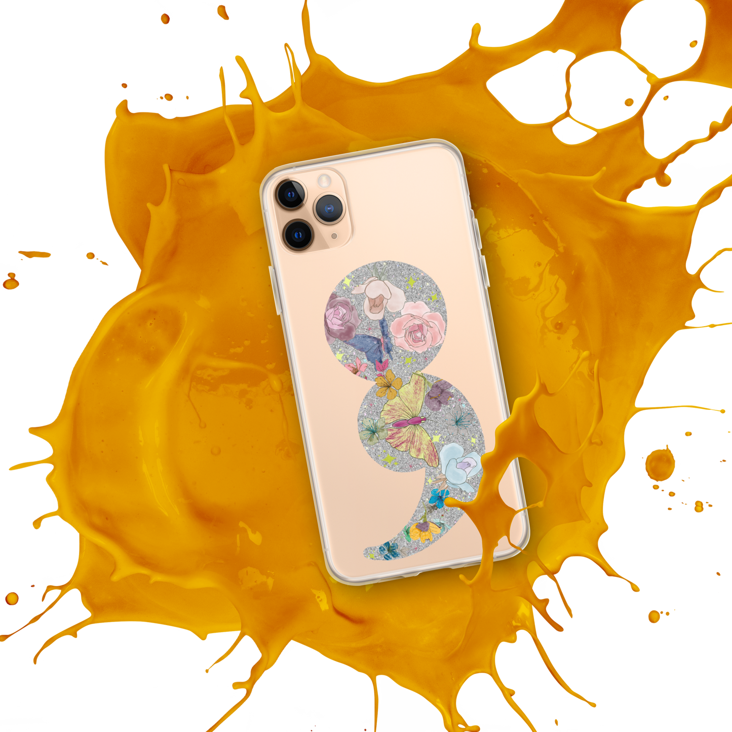 Semi-colon Floral Butterfly Glitter Clear Case for iPhone®
