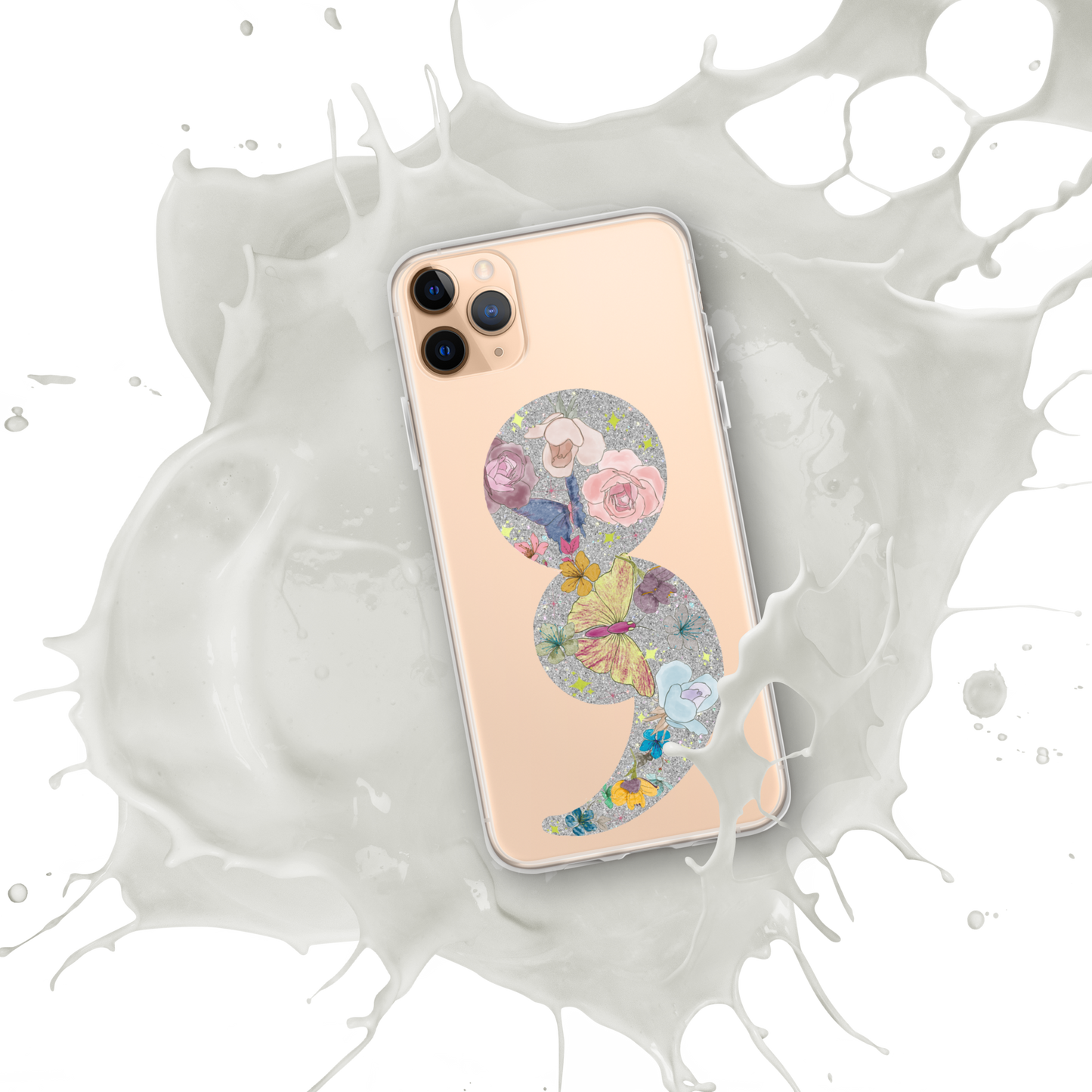 Semi-colon Floral Butterfly Glitter Clear Case for iPhone®