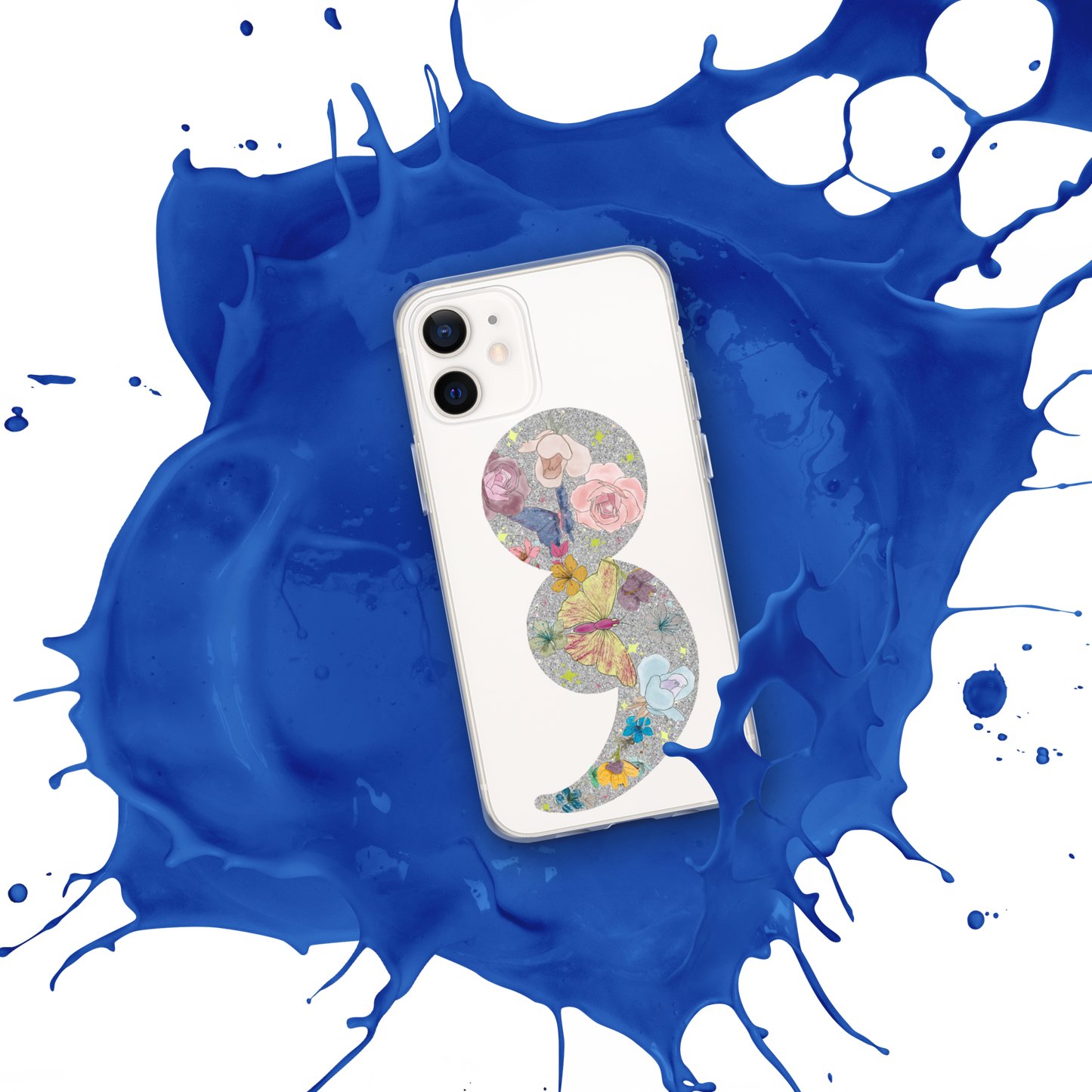 Semi-colon Floral Butterfly Glitter Clear Case for iPhone®