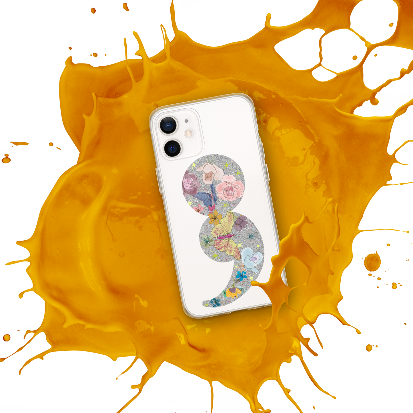 Semi-colon Floral Butterfly Glitter Clear Case for iPhone®