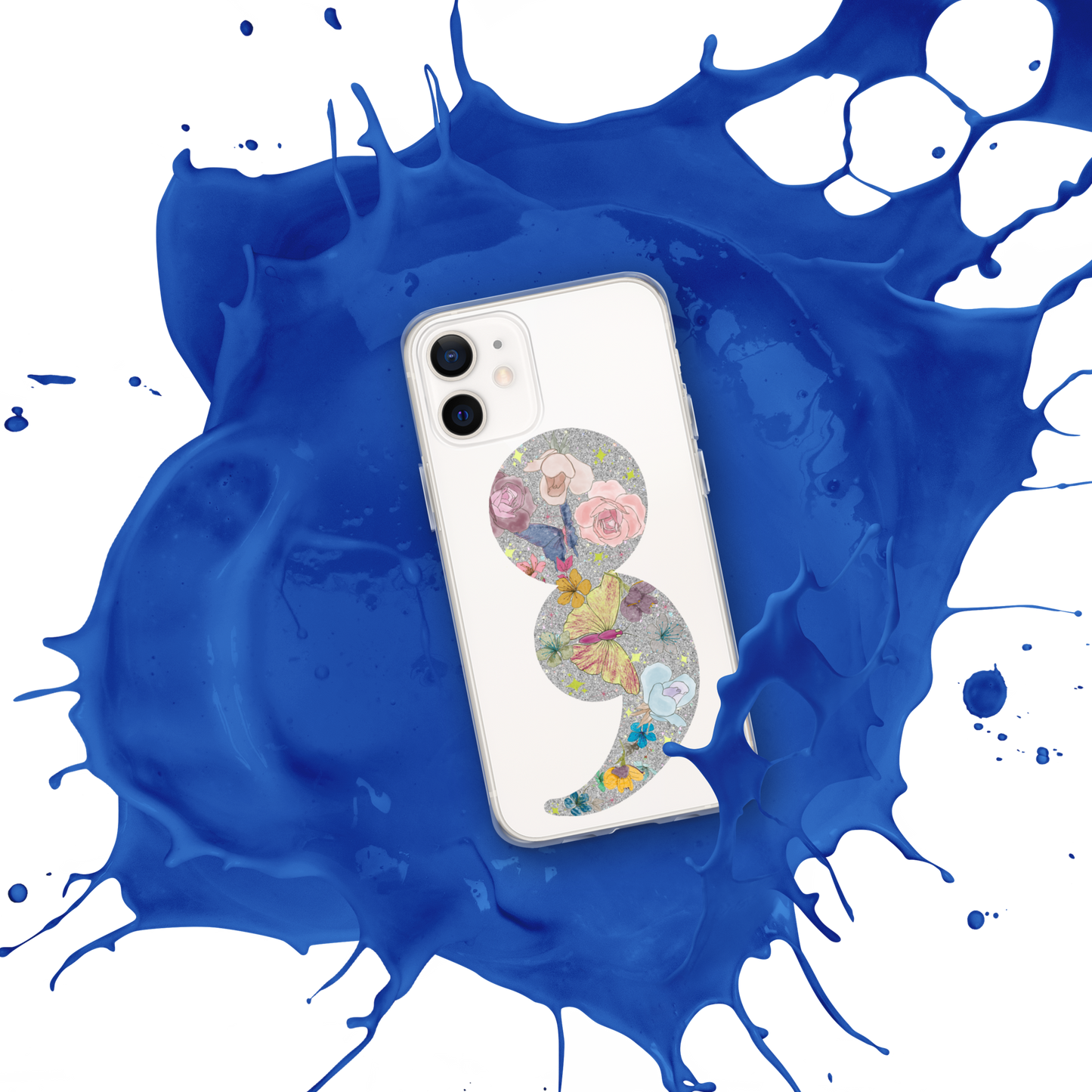 Semi-colon Floral Butterfly Glitter Clear Case for iPhone®