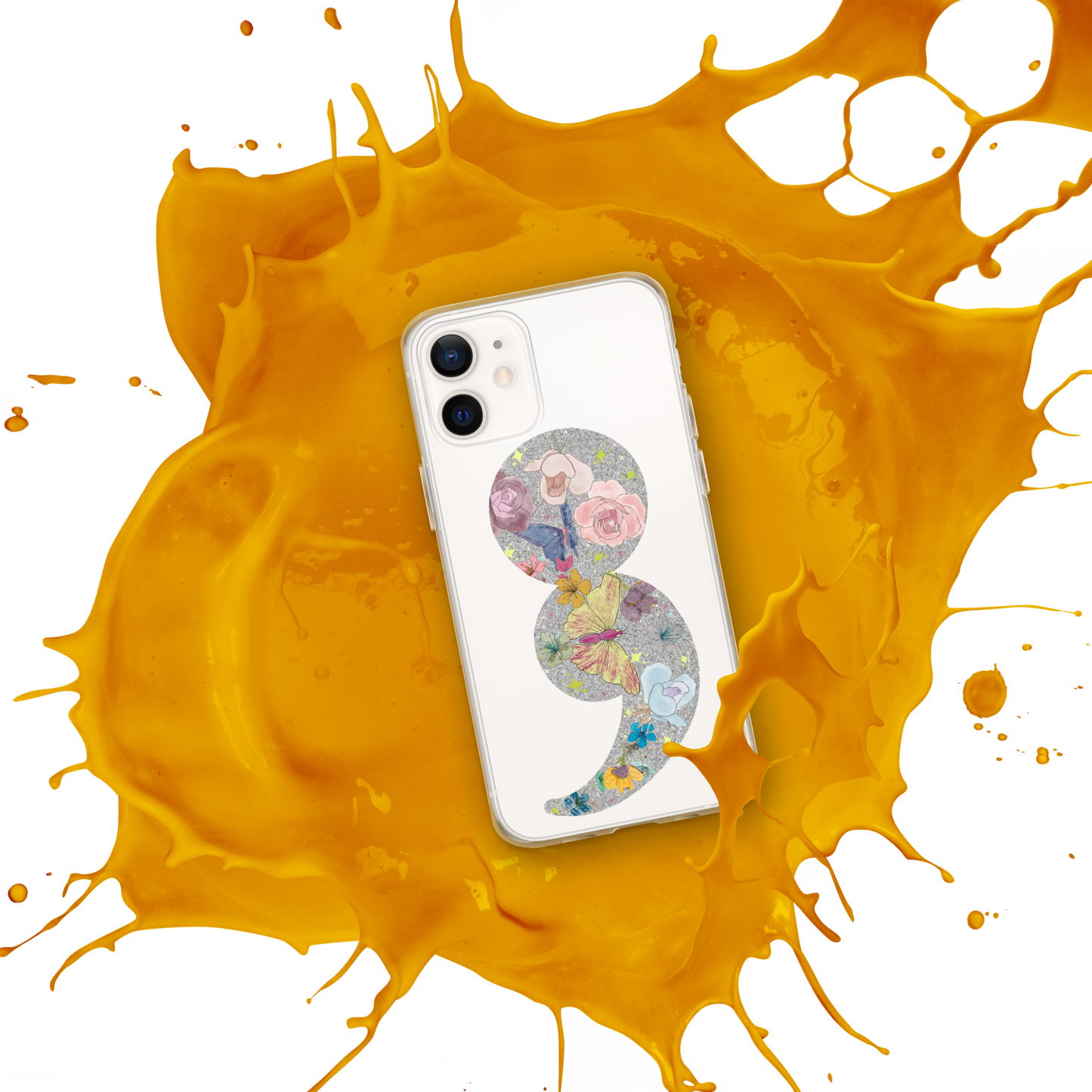 Semi-colon Floral Butterfly Glitter Clear Case for iPhone®