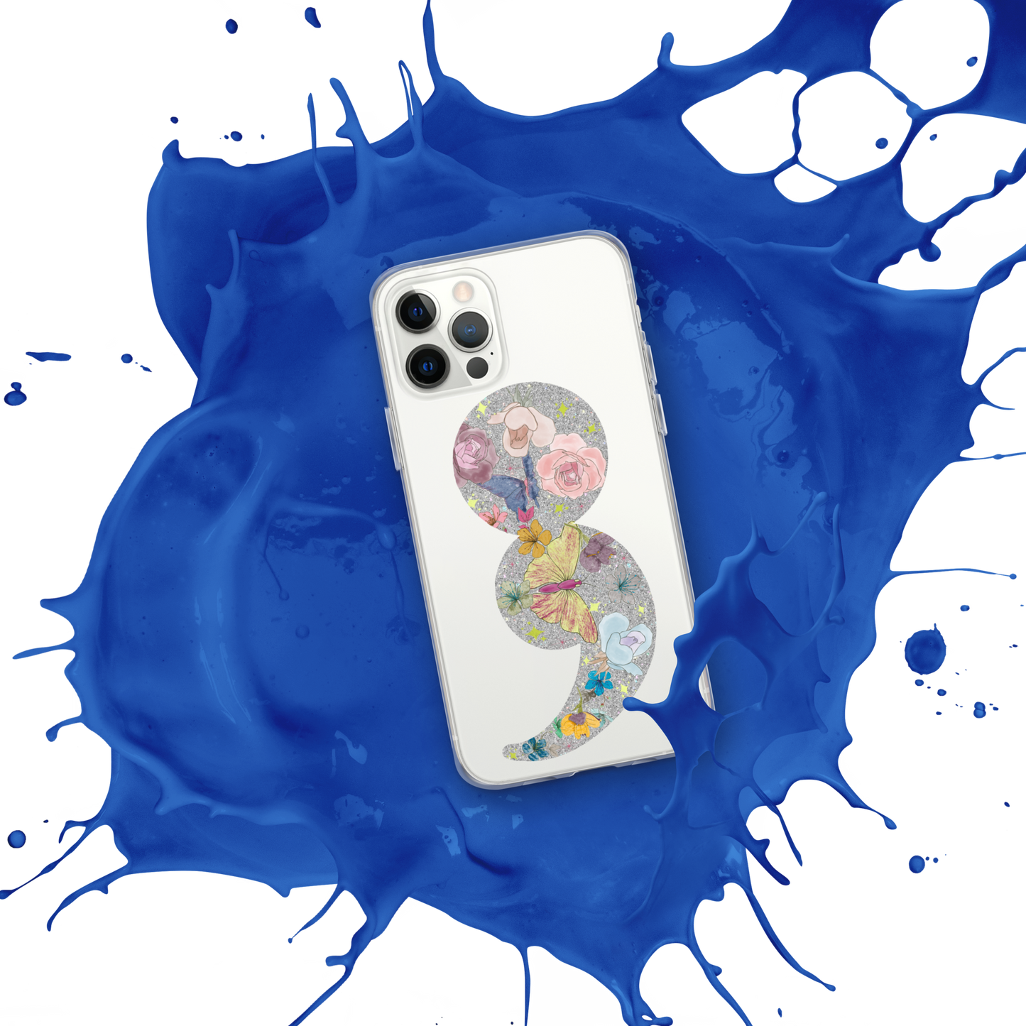 Semi-colon Floral Butterfly Glitter Clear Case for iPhone®