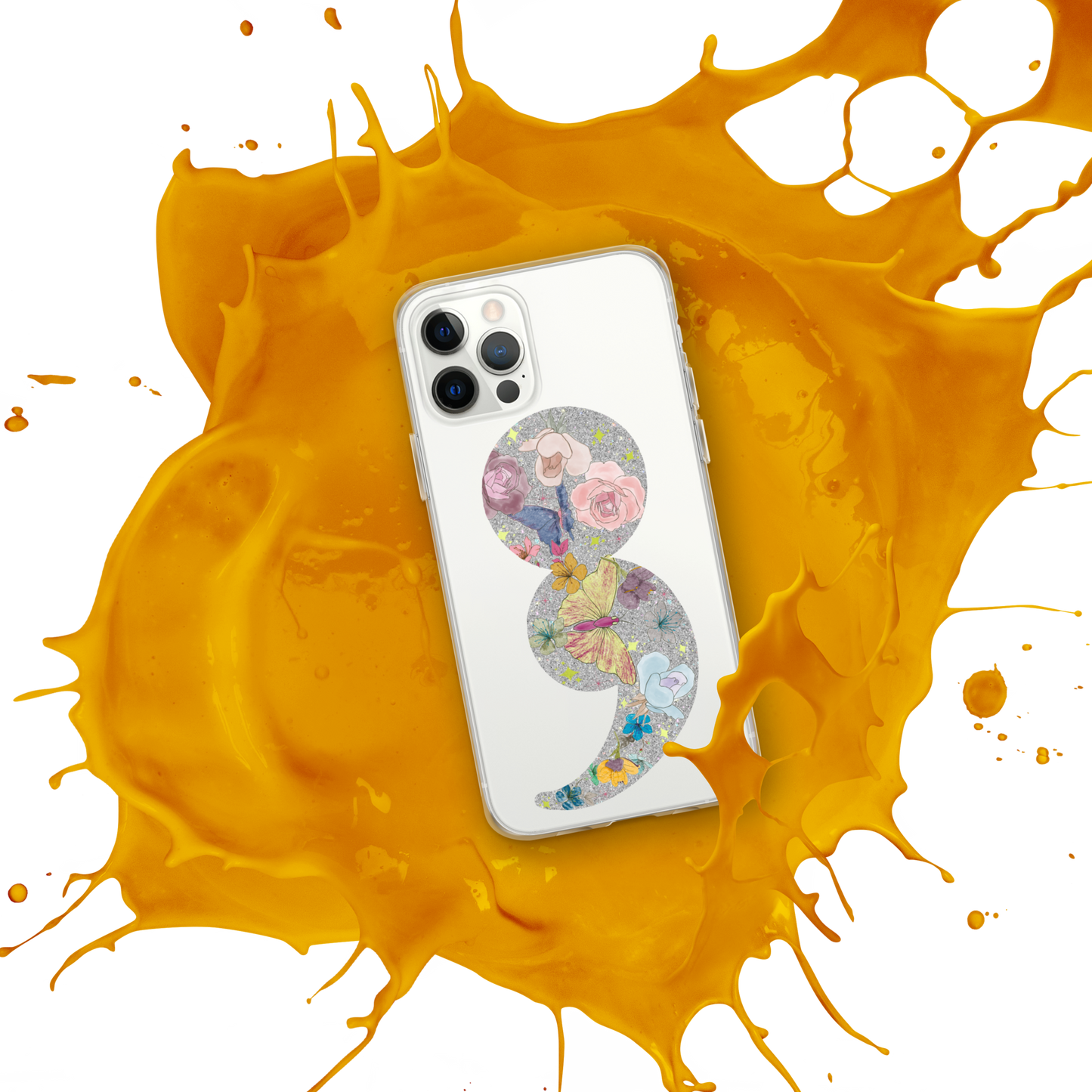 Semi-colon Floral Butterfly Glitter Clear Case for iPhone®