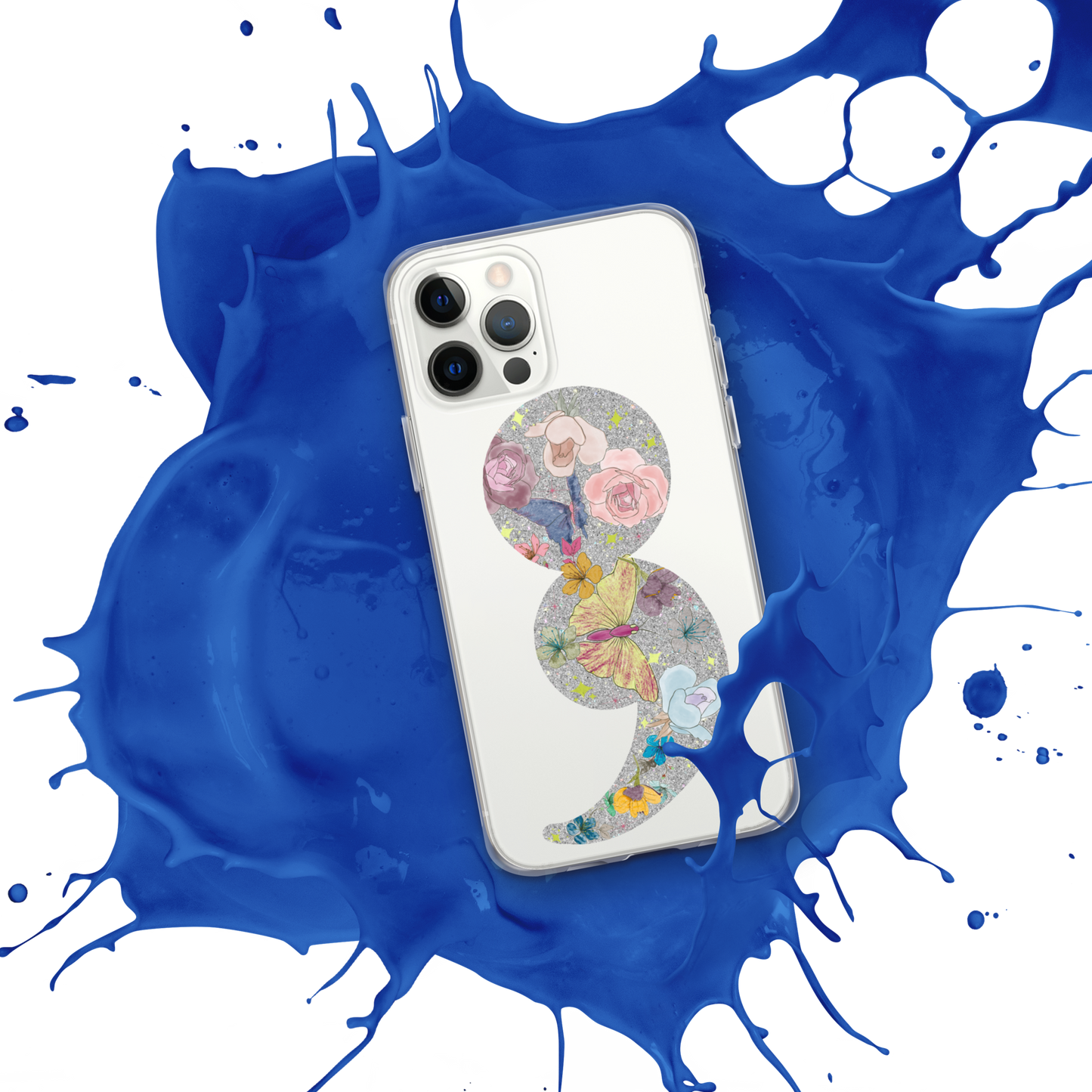 Semi-colon Floral Butterfly Glitter Clear Case for iPhone®