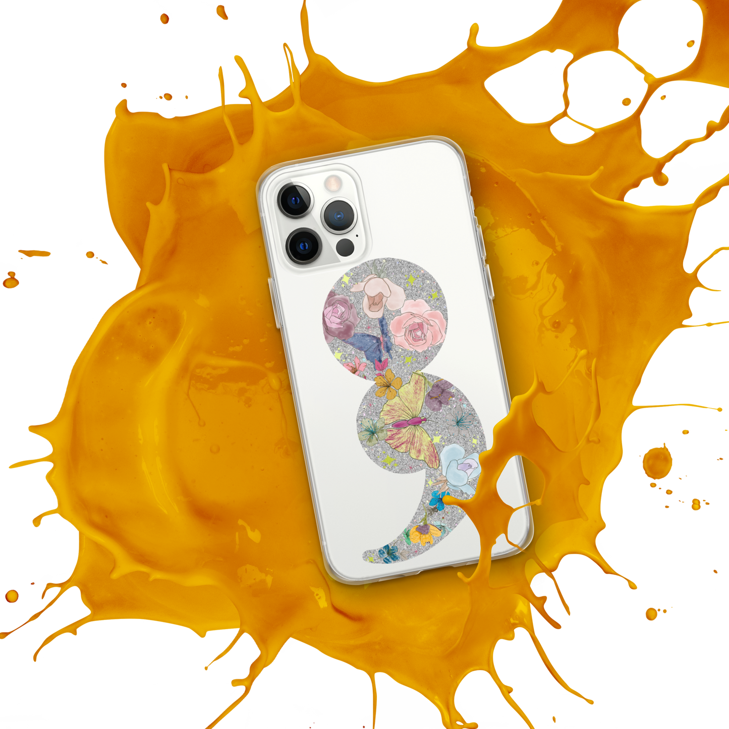 Semi-colon Floral Butterfly Glitter Clear Case for iPhone®