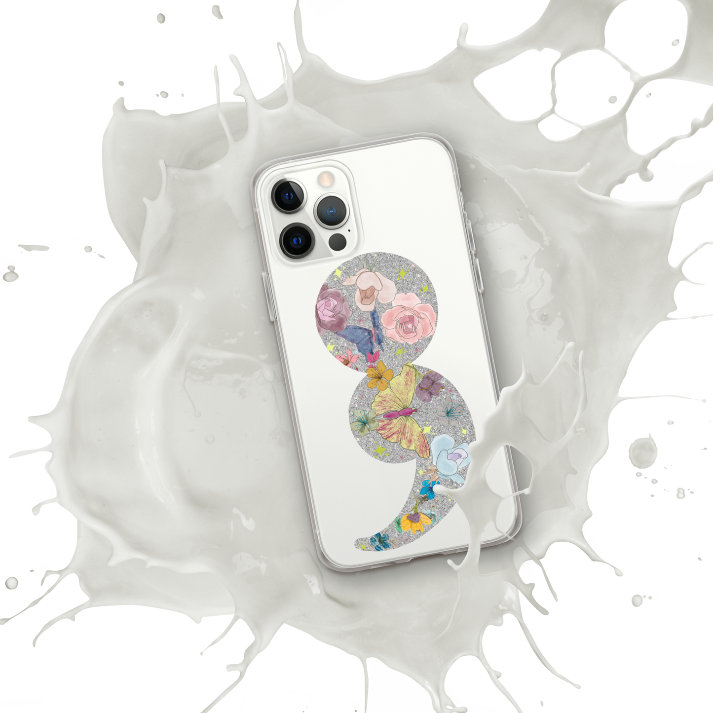 Semi-colon Floral Butterfly Glitter Clear Case for iPhone®