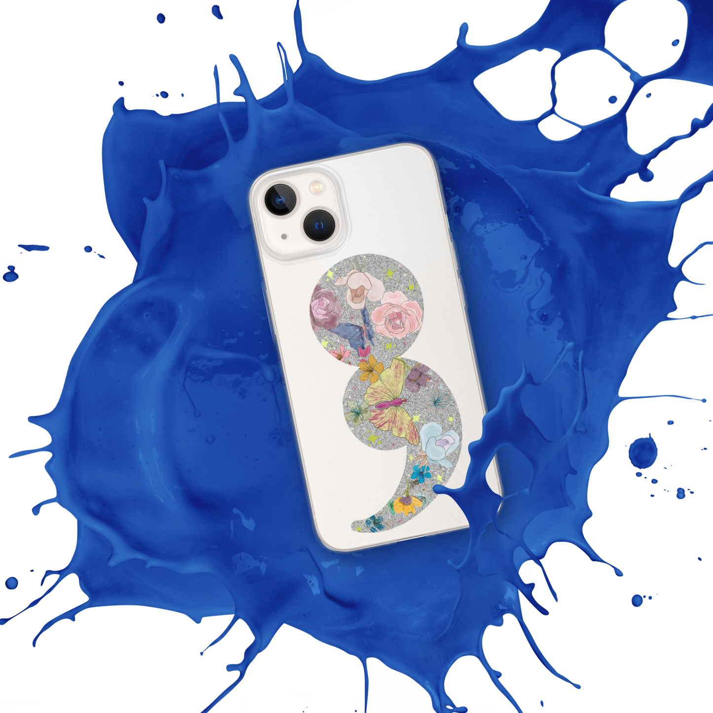 Semi-colon Floral Butterfly Glitter Clear Case for iPhone®