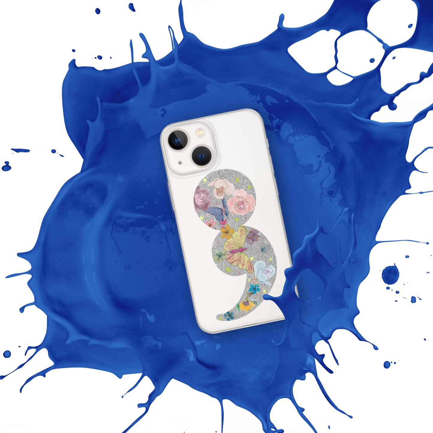 Semi-colon Floral Butterfly Glitter Clear Case for iPhone®