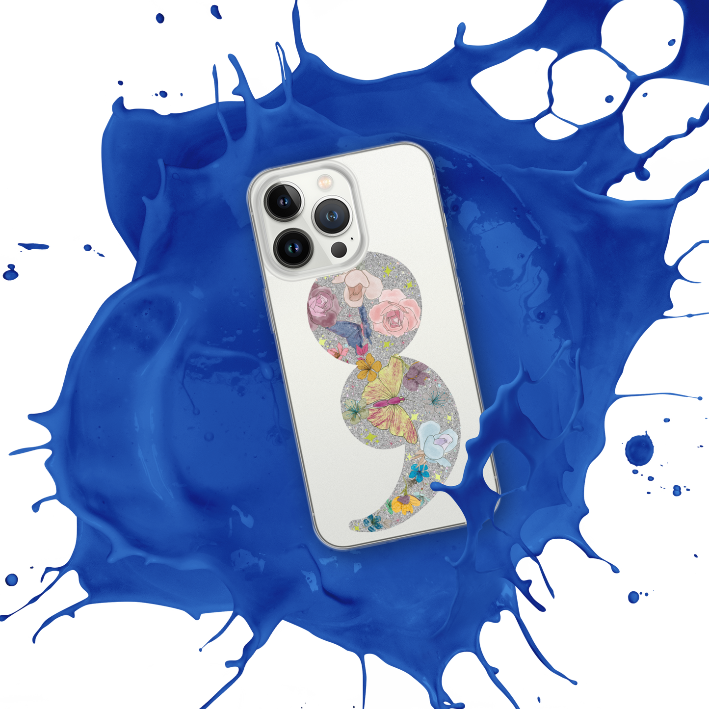 Semi-colon Floral Butterfly Glitter Clear Case for iPhone®
