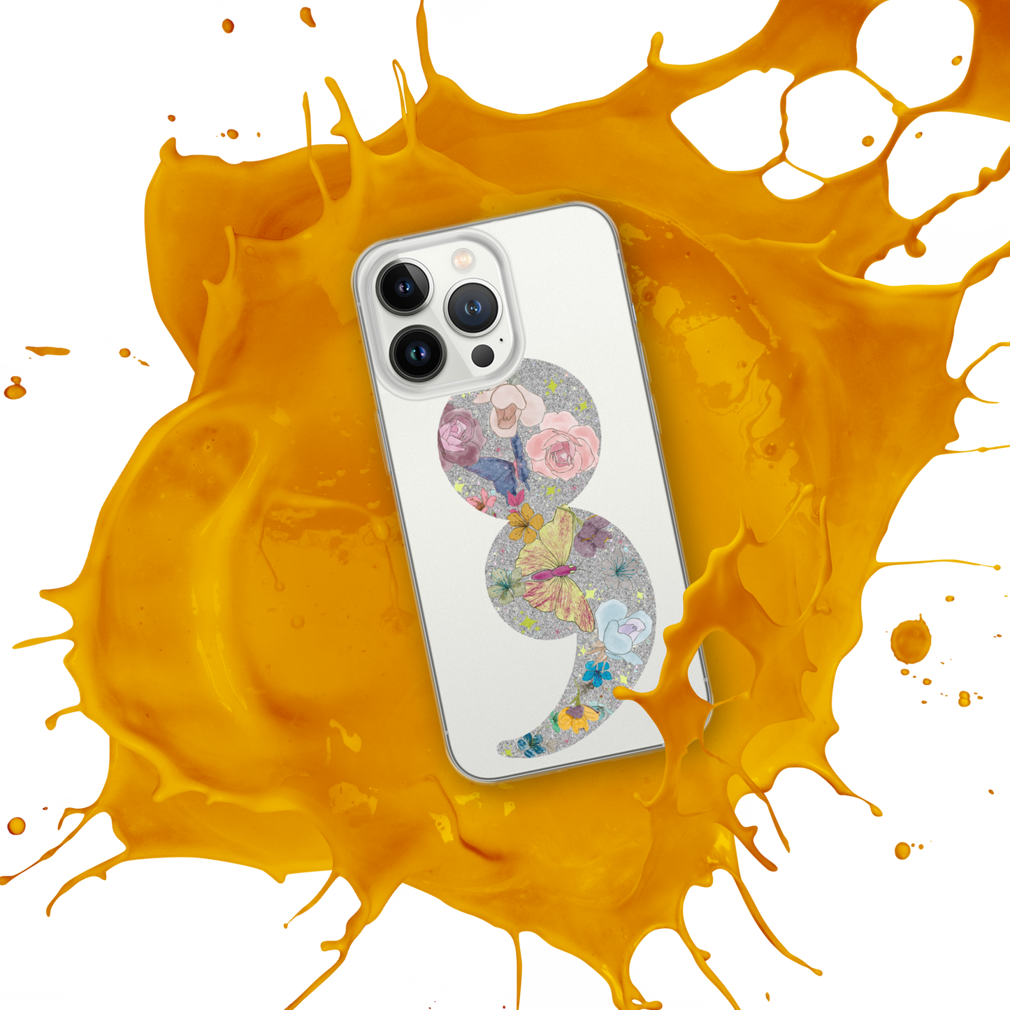 Semi-colon Floral Butterfly Glitter Clear Case for iPhone®
