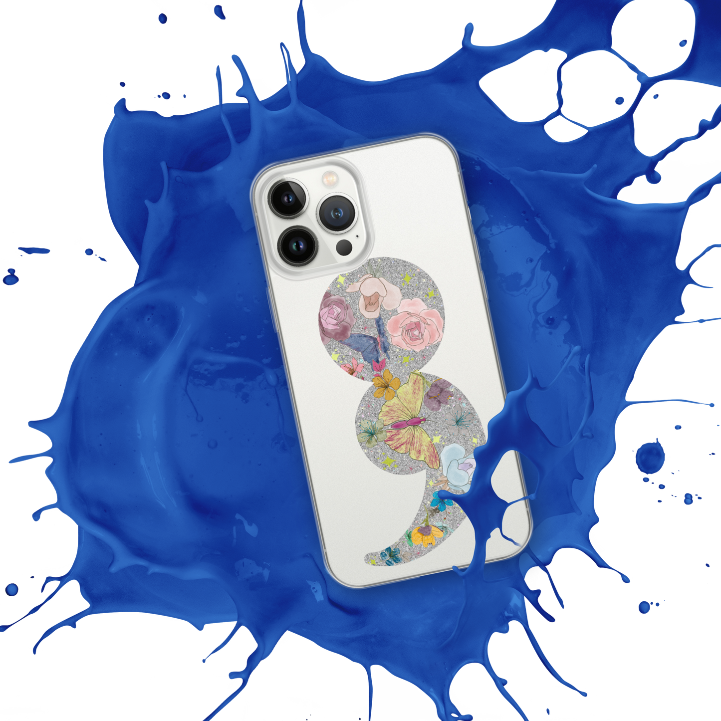Semi-colon Floral Butterfly Glitter Clear Case for iPhone®