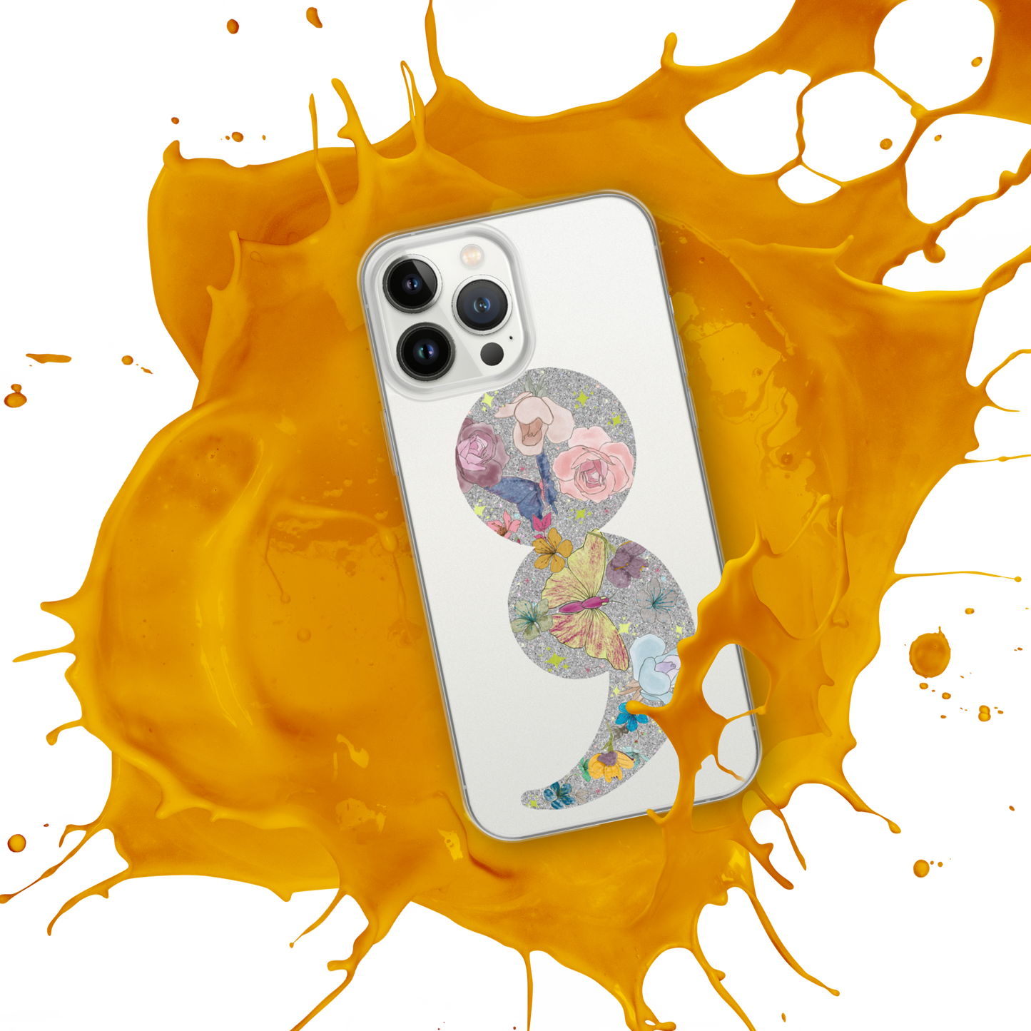 Semi-colon Floral Butterfly Glitter Clear Case for iPhone®