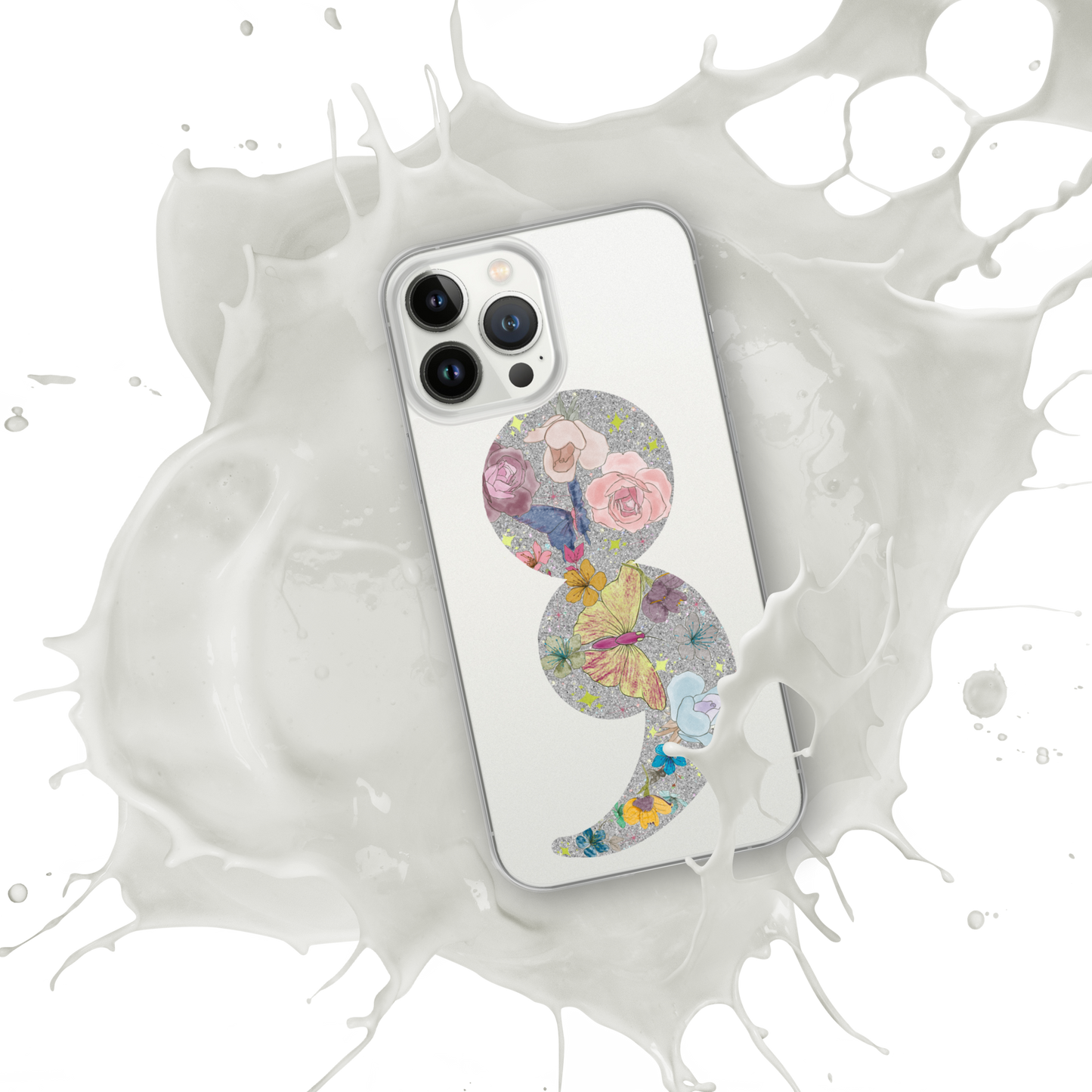 Semi-colon Floral Butterfly Glitter Clear Case for iPhone®