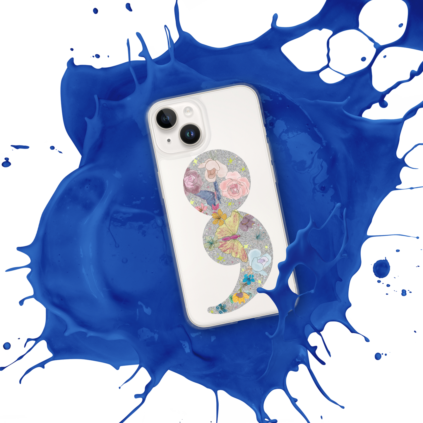 Semi-colon Floral Butterfly Glitter Clear Case for iPhone®