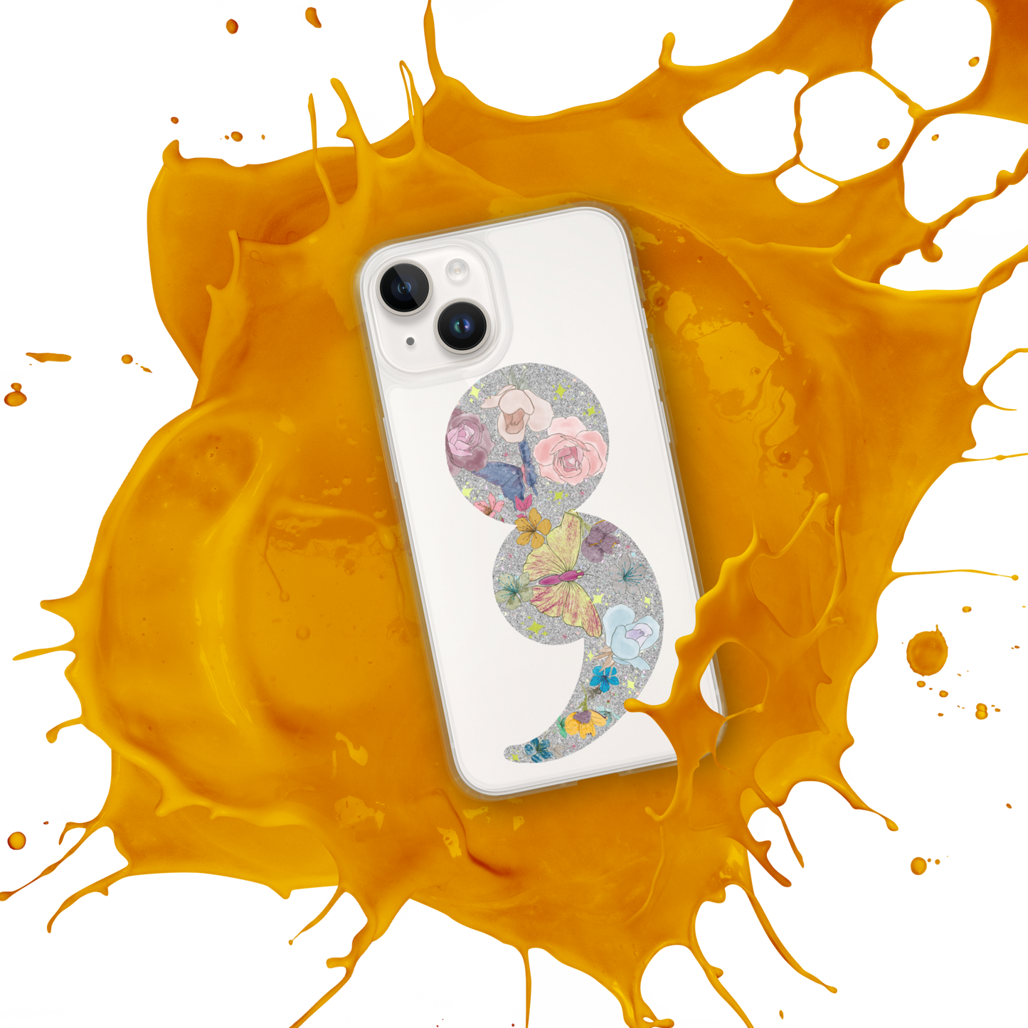 Semi-colon Floral Butterfly Glitter Clear Case for iPhone®
