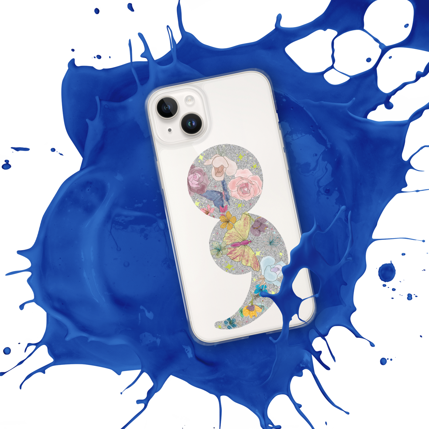 Semi-colon Floral Butterfly Glitter Clear Case for iPhone®
