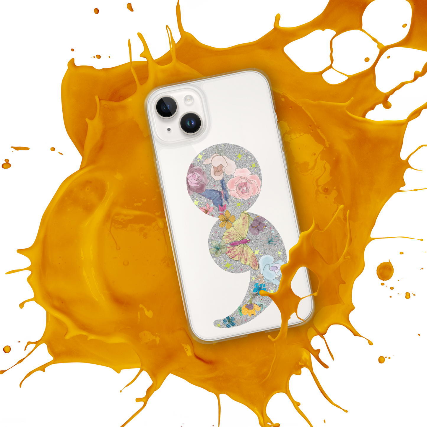 Semi-colon Floral Butterfly Glitter Clear Case for iPhone®