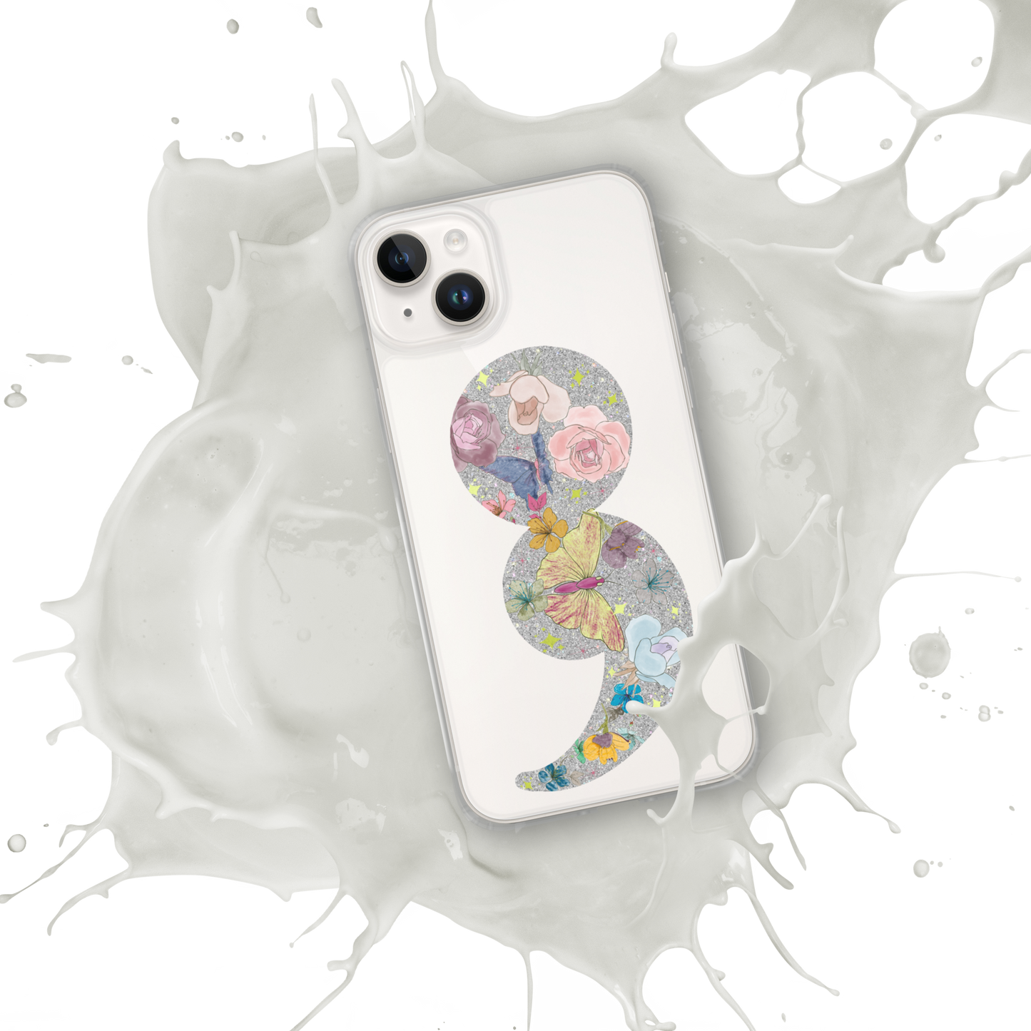 Semi-colon Floral Butterfly Glitter Clear Case for iPhone®