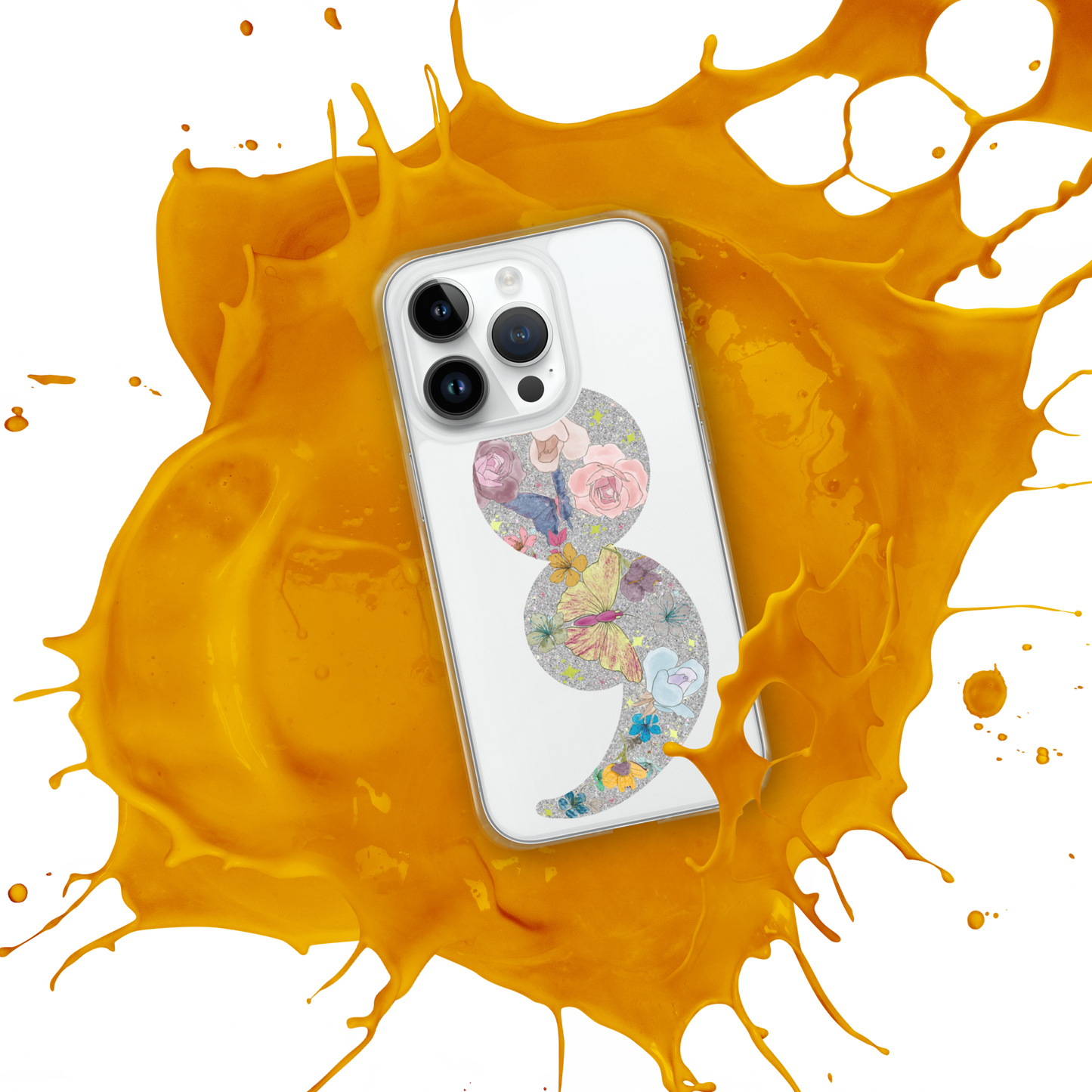 Semi-colon Floral Butterfly Glitter Clear Case for iPhone®