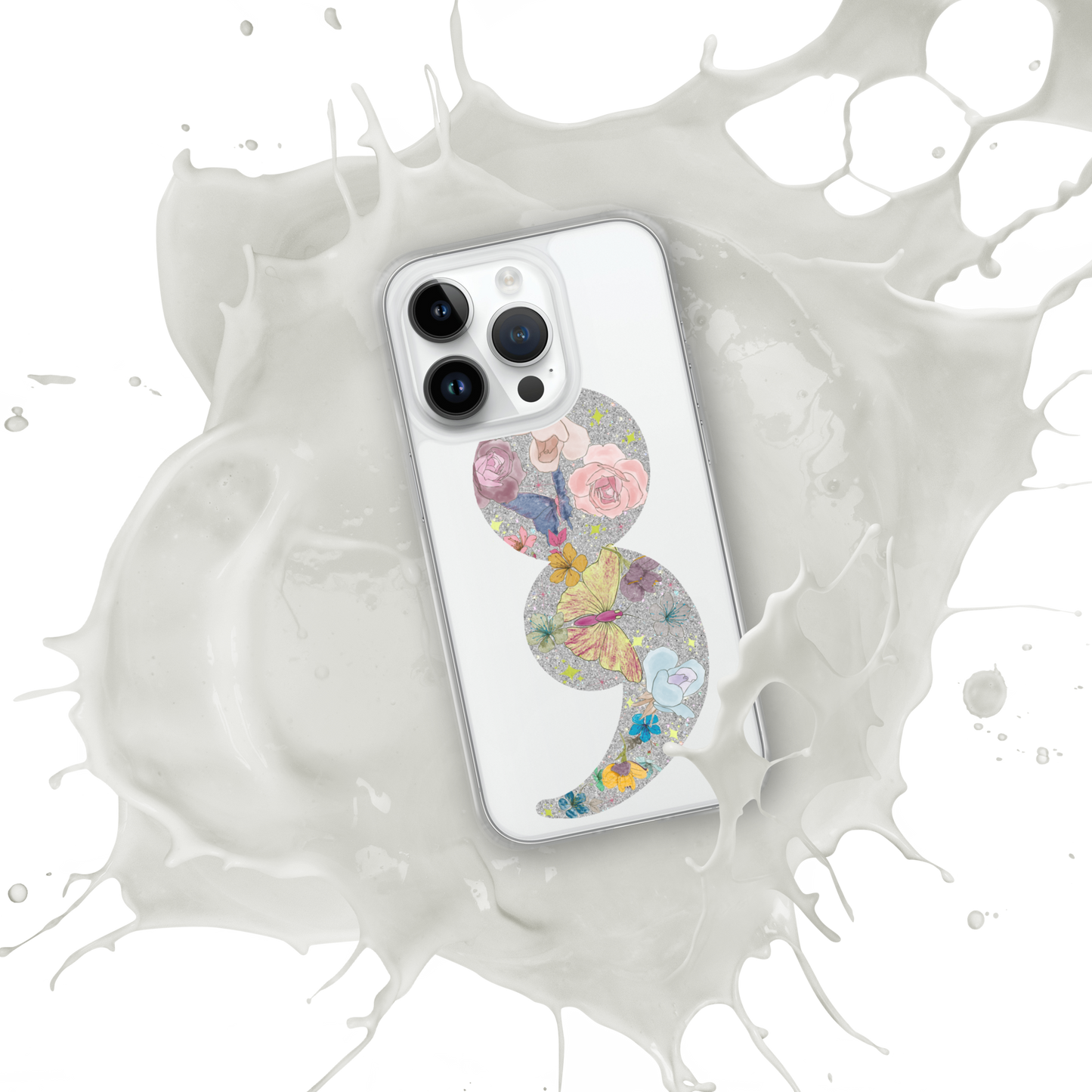 Semi-colon Floral Butterfly Glitter Clear Case for iPhone®