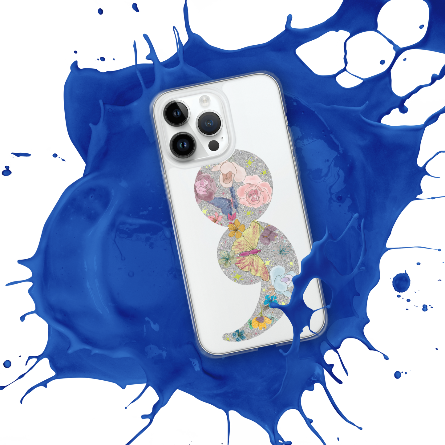 Semi-colon Floral Butterfly Glitter Clear Case for iPhone®