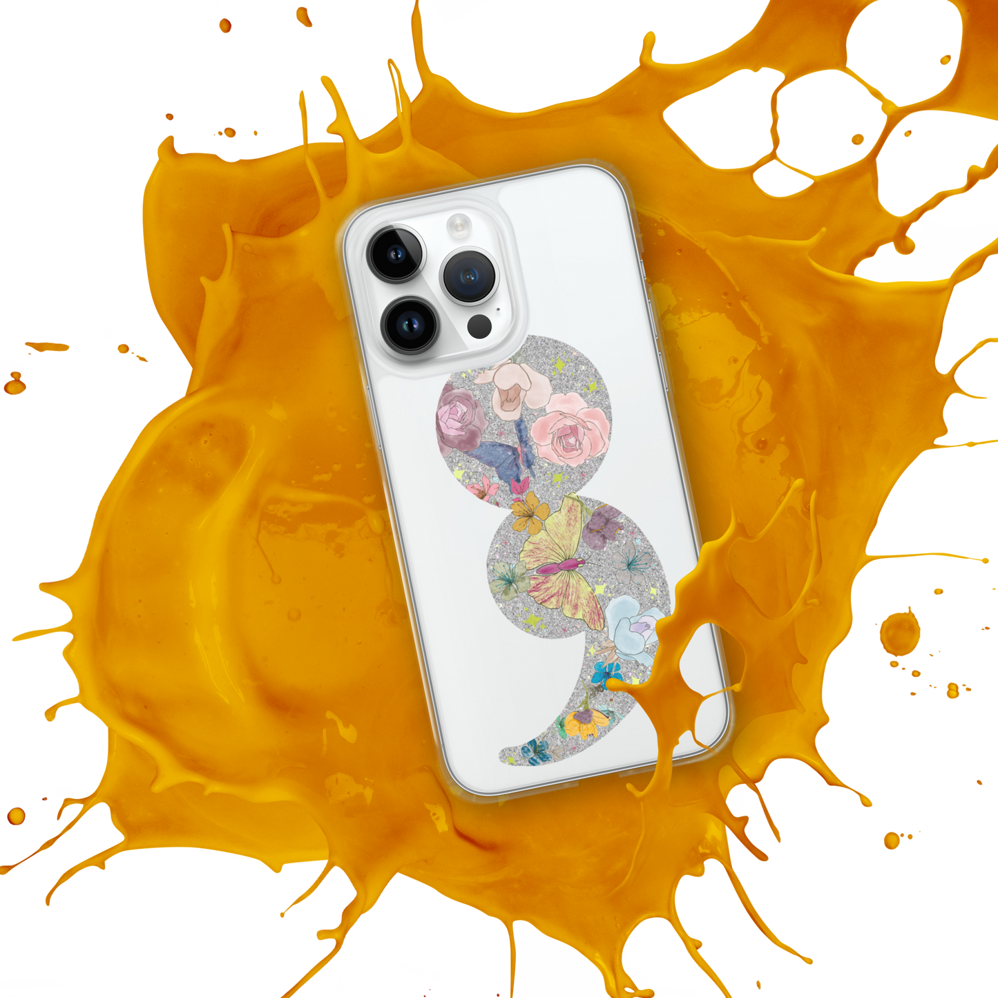 Semi-colon Floral Butterfly Glitter Clear Case for iPhone®