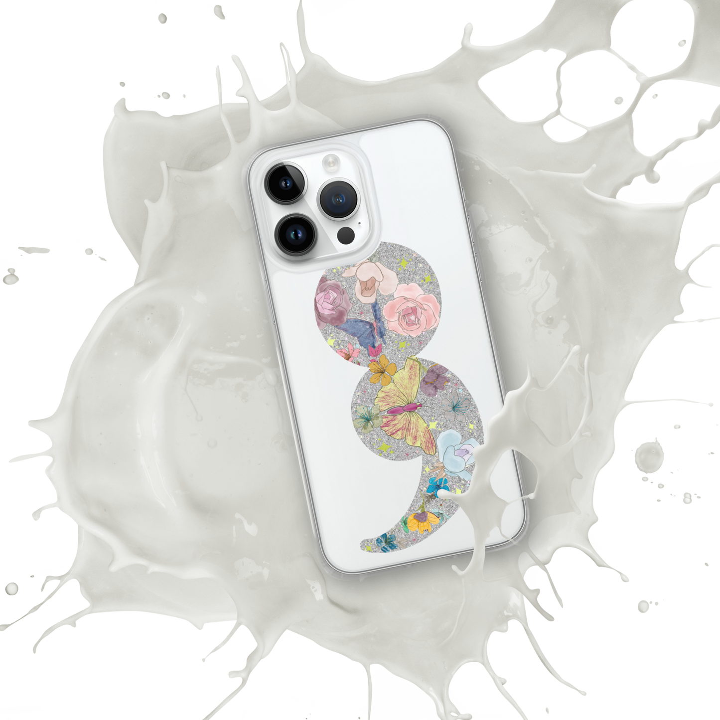 Semi-colon Floral Butterfly Glitter Clear Case for iPhone®