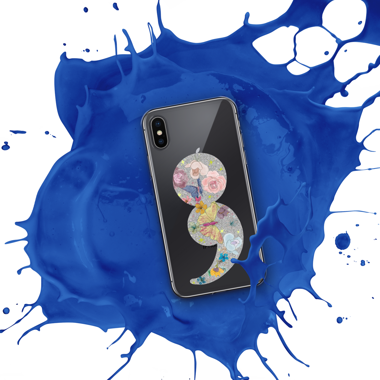 Semi-colon Floral Butterfly Glitter Clear Case for iPhone®