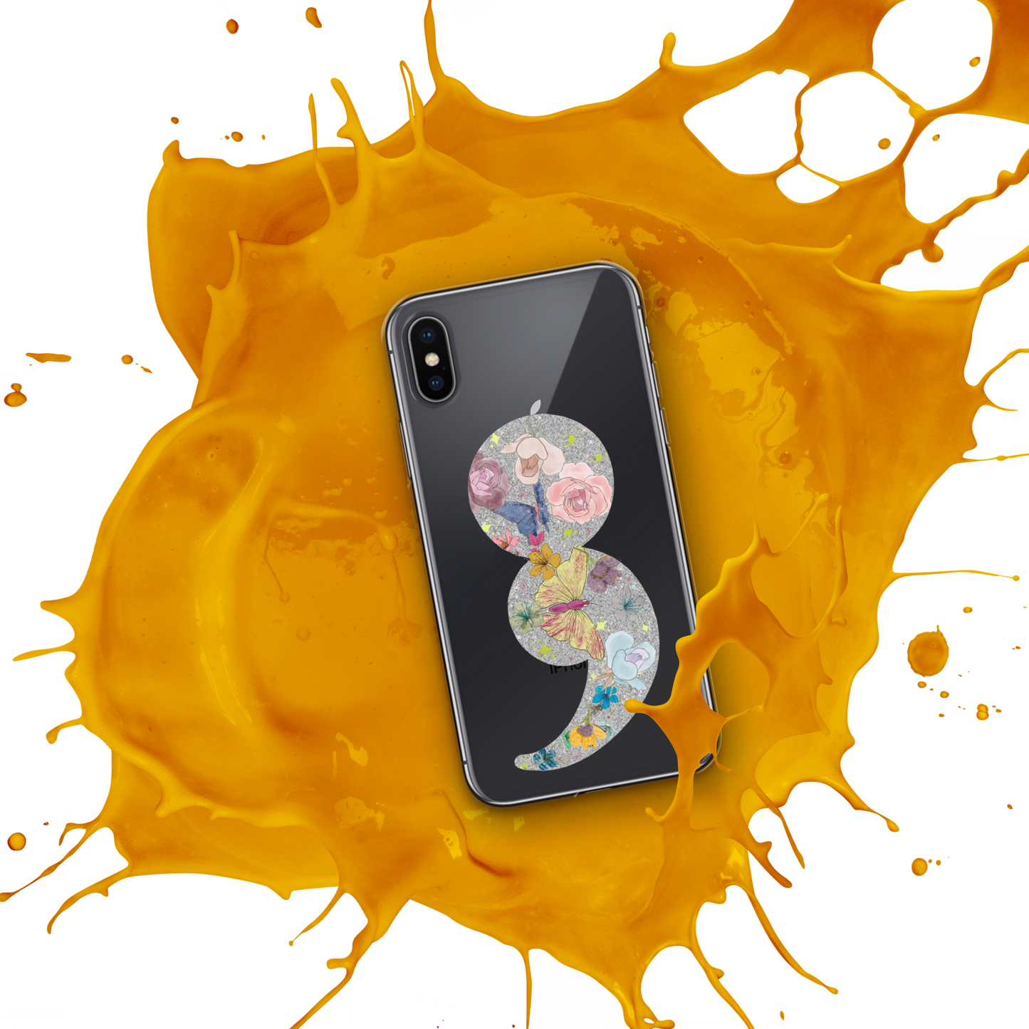 Semi-colon Floral Butterfly Glitter Clear Case for iPhone®
