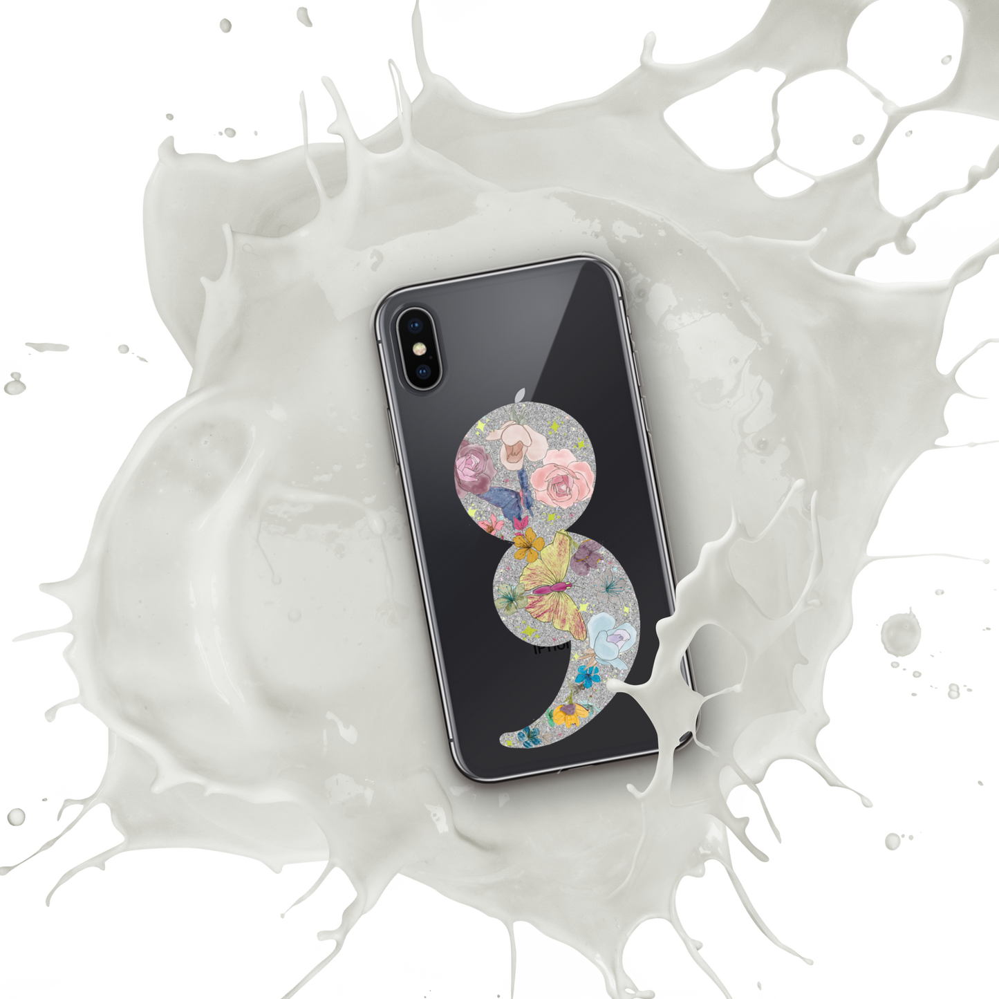 Semi-colon Floral Butterfly Glitter Clear Case for iPhone®