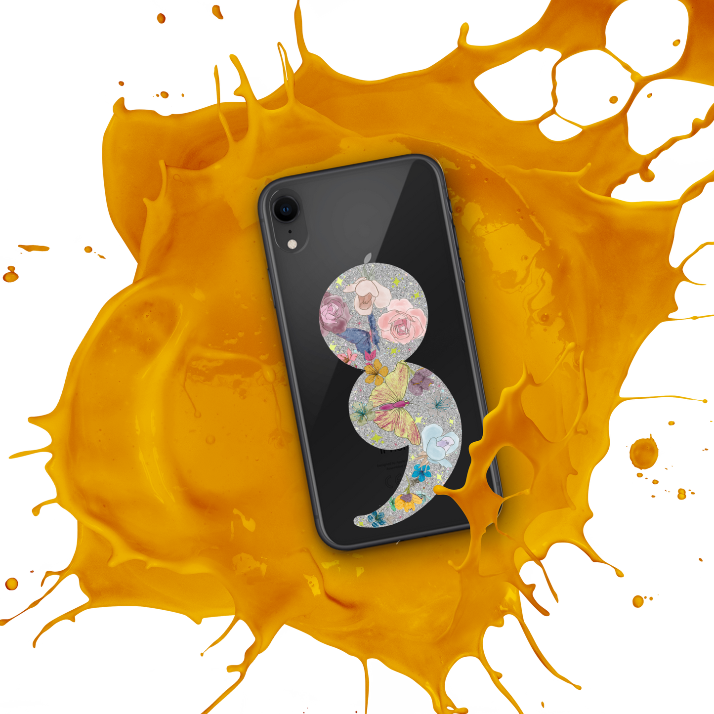 Semi-colon Floral Butterfly Glitter Clear Case for iPhone®