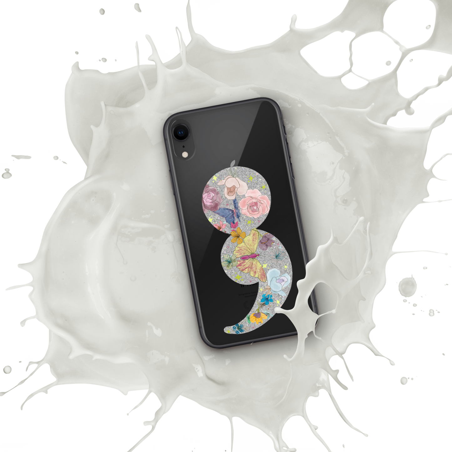 Semi-colon Floral Butterfly Glitter Clear Case for iPhone®