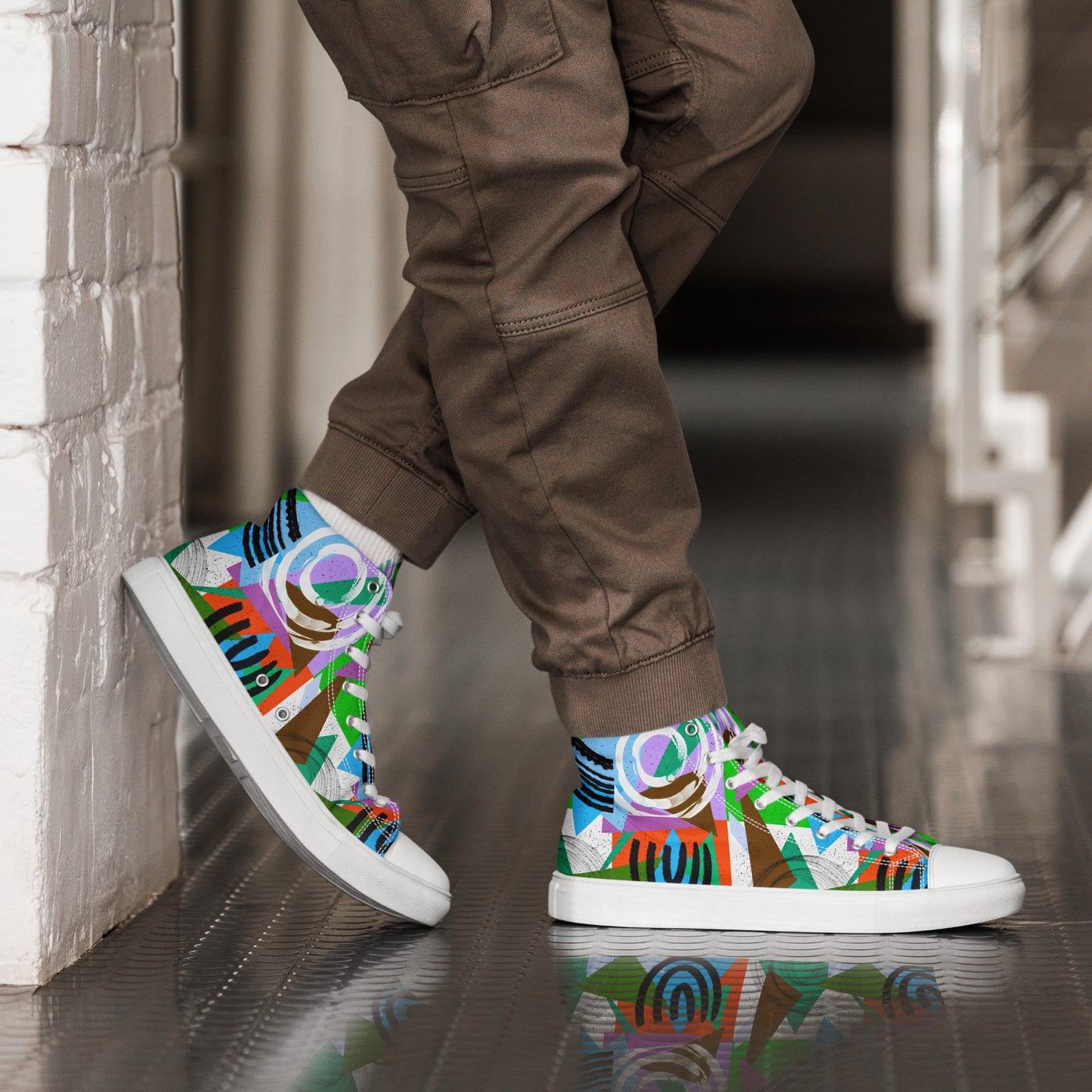 Geometric Shapes Green Orange Men’s high top canvas shoes