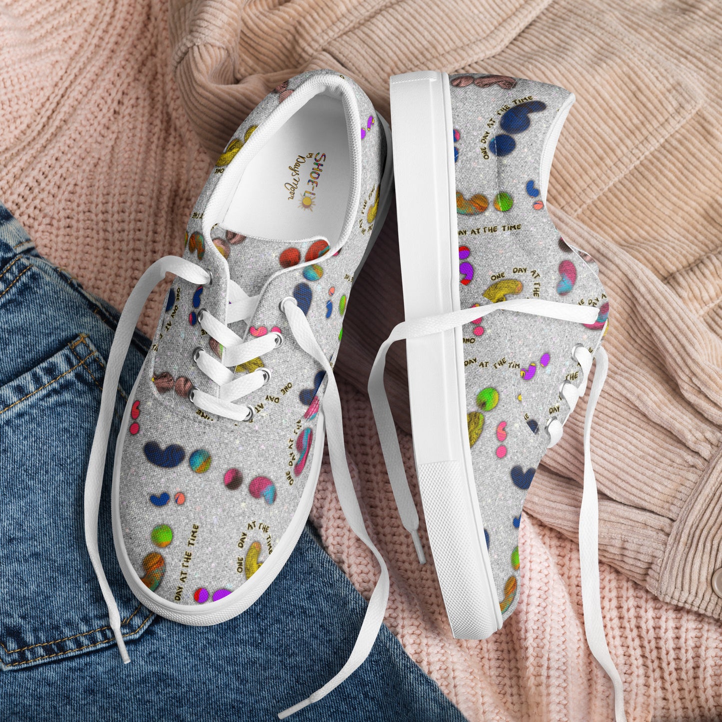 Semi-colon One Day Ay The Time Silver Glitter Women’s lace-up canvas shoes