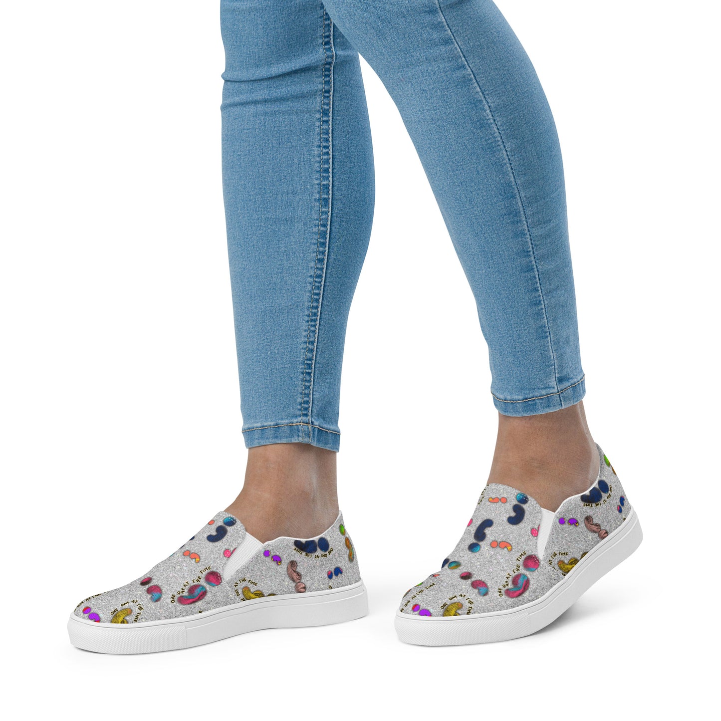 Semi-colon One Day Ay The Time Silver Glitter Women’s slip-on canvas shoes