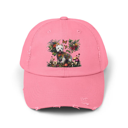 Botanical Westie, West White Highland Terrier Dog - Unisex Distressed Cap