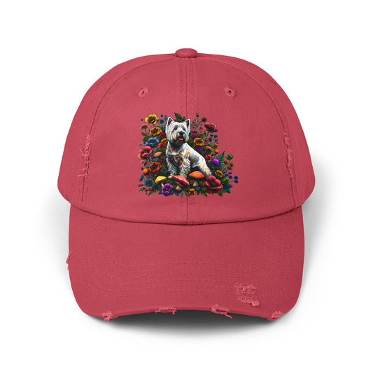 Botanical Westie, West White Highland Terrier Dog - Unisex Distressed Cap